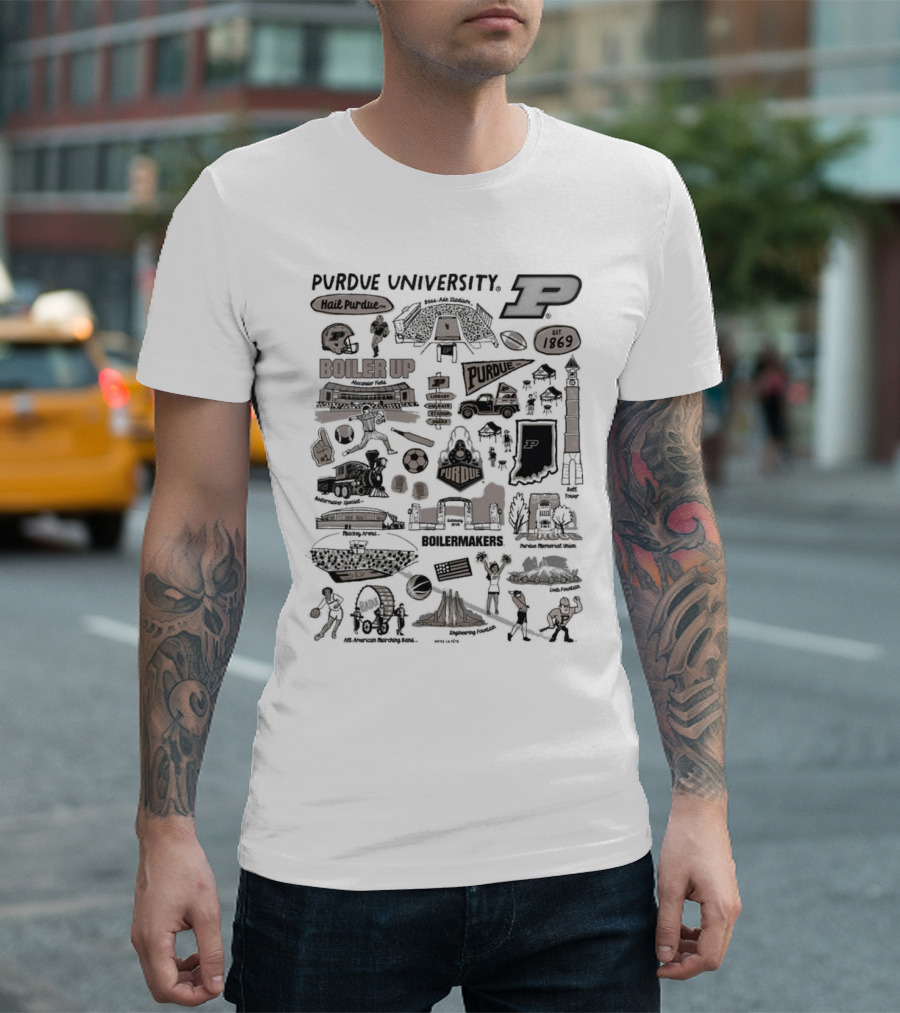 Purdue University Boilermakers Hail Purdue Mackey Arena Ross-Ade Stadium Memorial Mall Purdue Pete Engineering Fountain Boiler Up Purdue Impressions T-Shirt