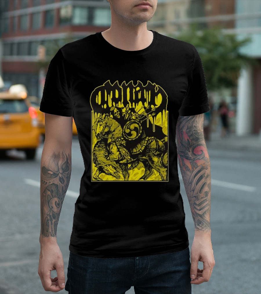 Conan Horseback Warrior With Shield And Hammer On Black And Yellow T-Shirt