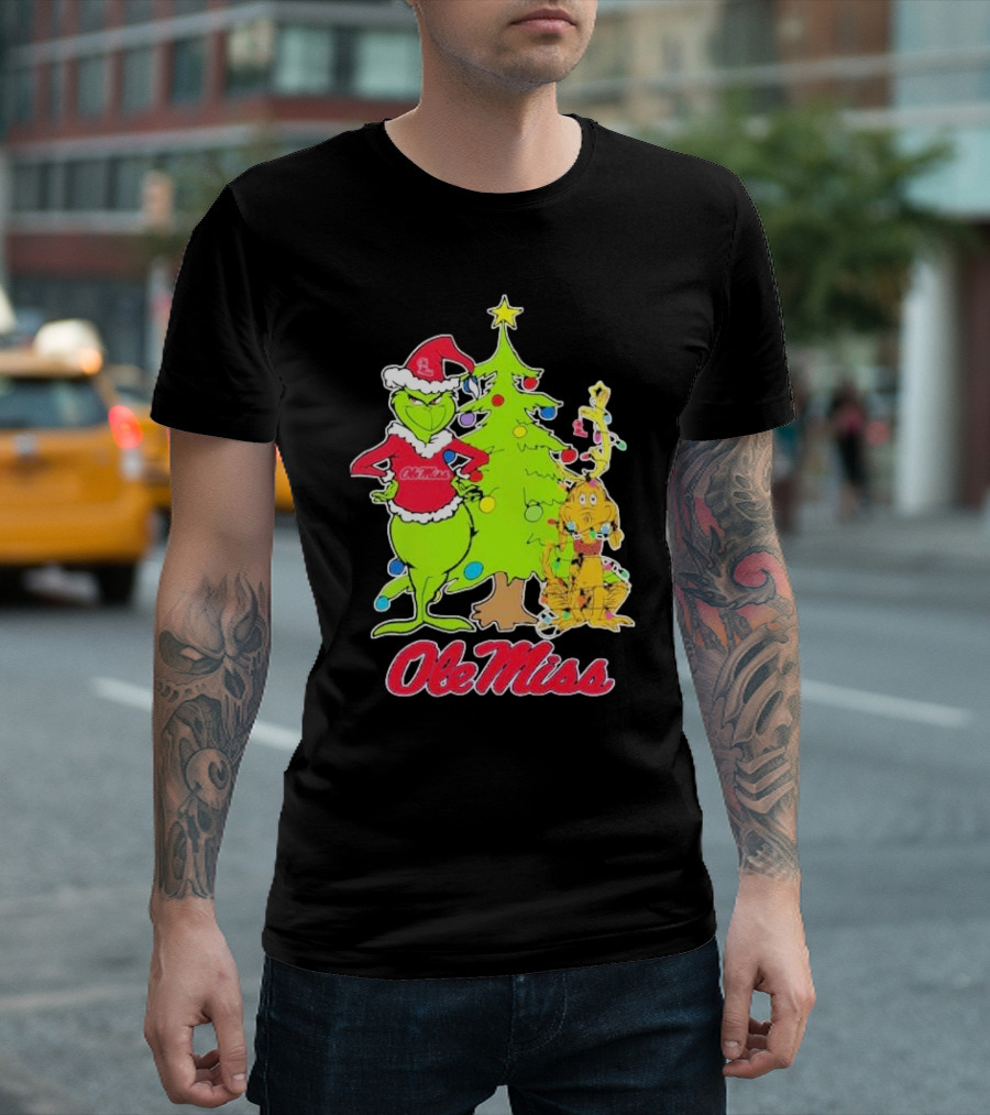 Ole Miss Rebels Grinch And Max Dog Christmas Tree T-Shirt