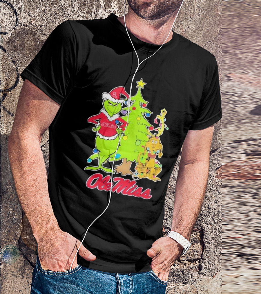 Ole Miss Rebels Grinch And Max Dog Christmas Tree T-Shirt