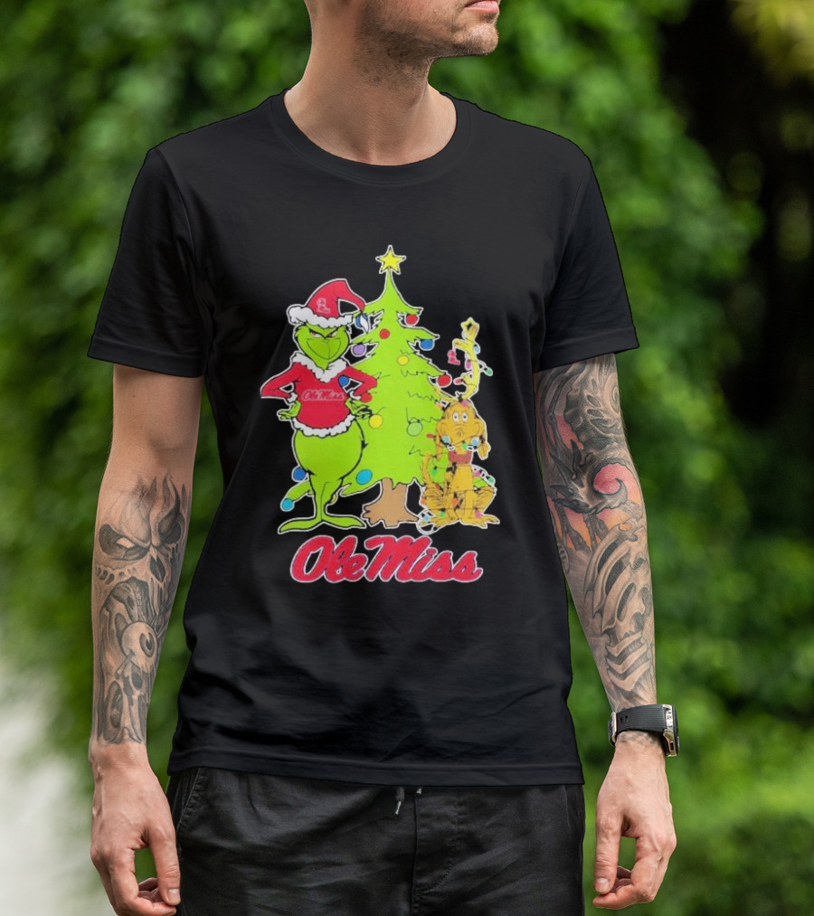 Ole Miss Rebels Grinch And Max Dog Christmas Tree T-Shirt