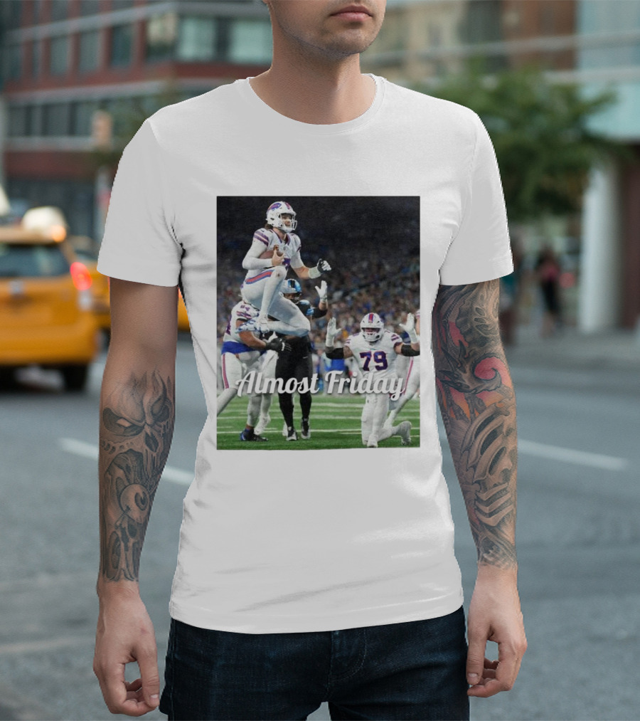 Almost Friday Allen Endzone Leap Football Action T-Shirt