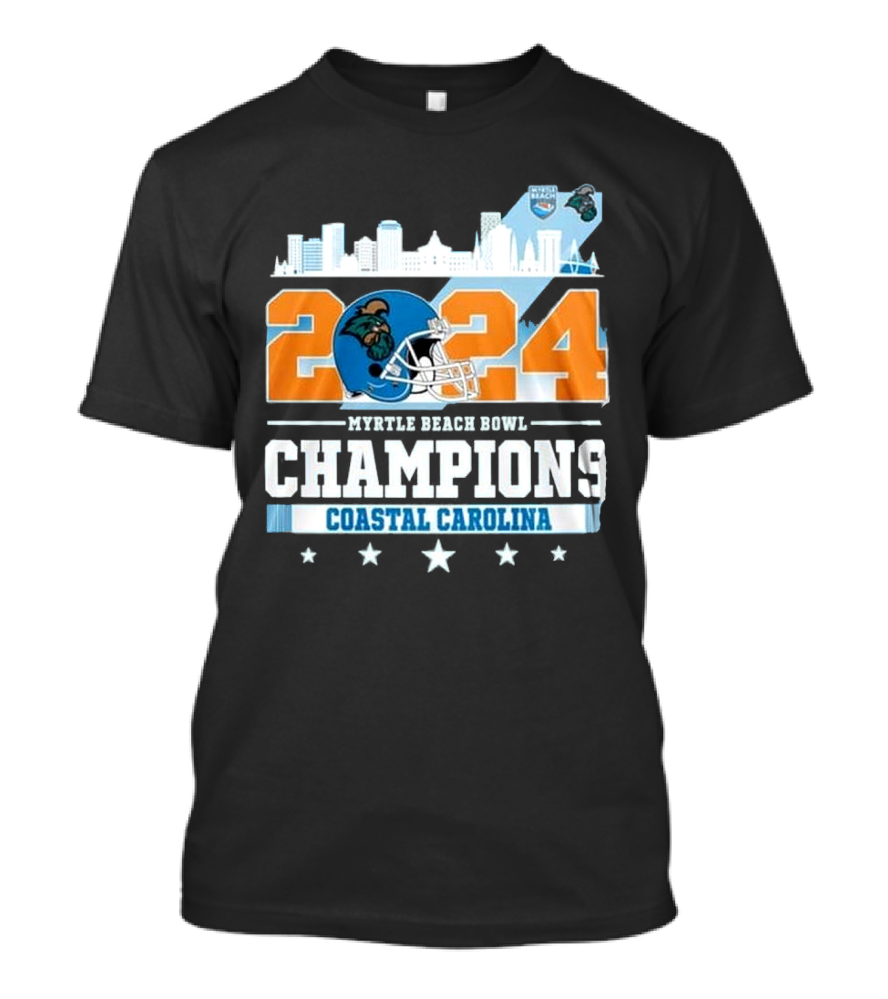 Coastal Carolina Chanticleers 2024 Myrtle Beach Bowl Champions Skyline T-Shirt