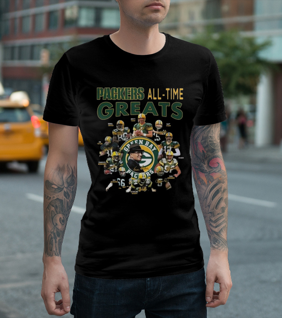 Packers All-Time Greats Green Bay Legends Signatures Brett Favre Bart Starr T-Shirt