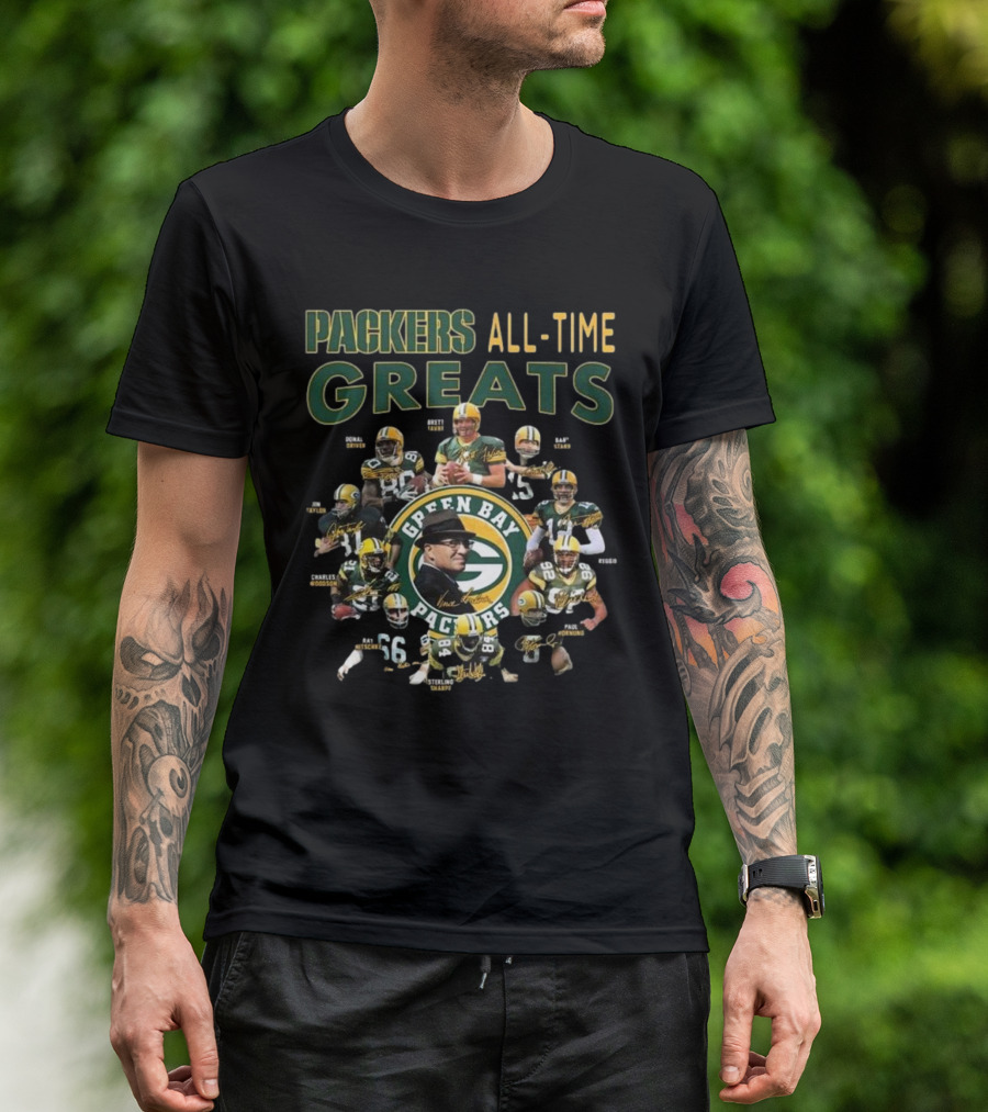 Packers All-Time Greats Green Bay Legends Signatures Brett Favre Bart Starr T-Shirt