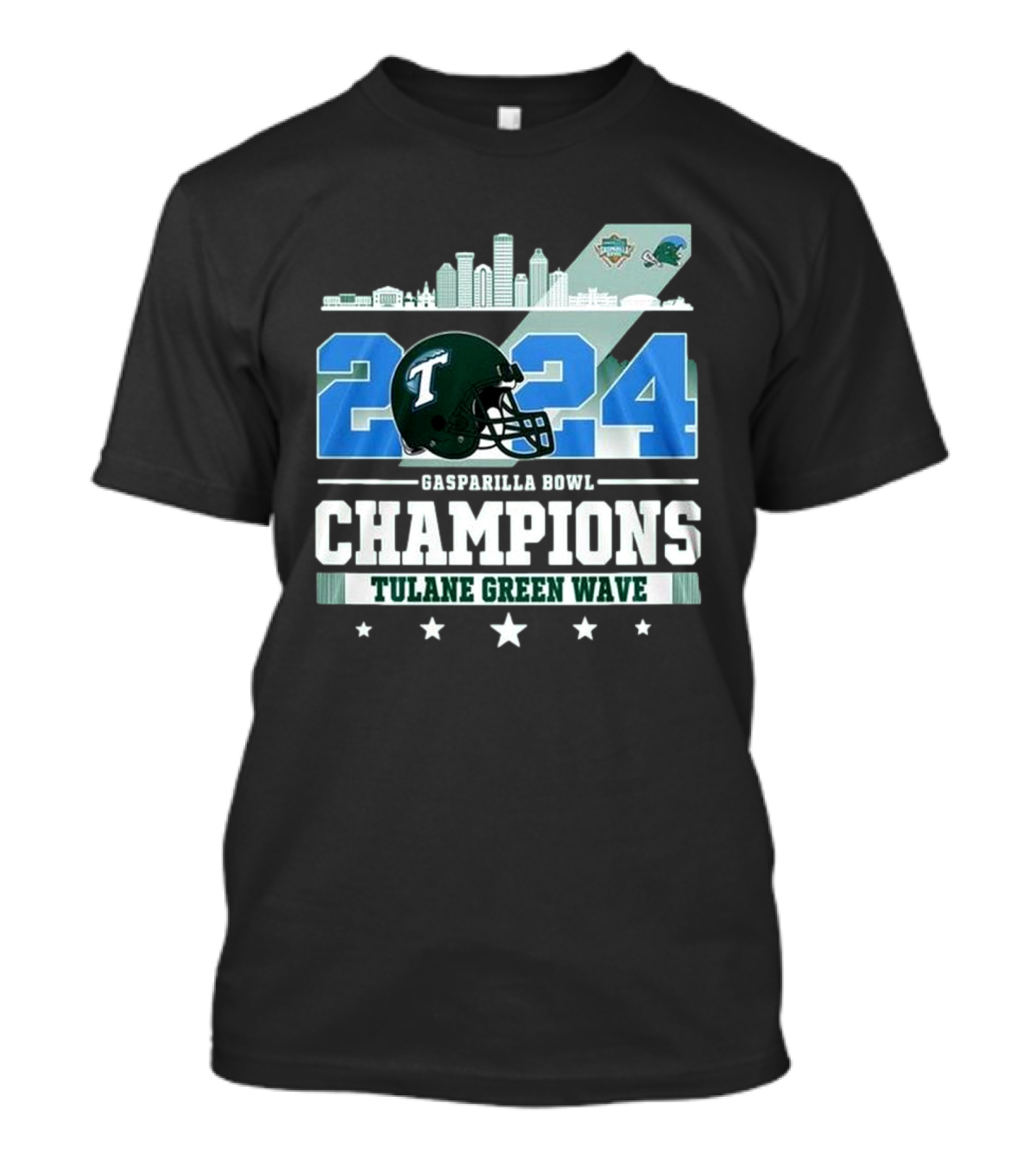 Gasparilla Bowl Champions 2024 Tulane Green Wave Waving Skyline T-Shirt