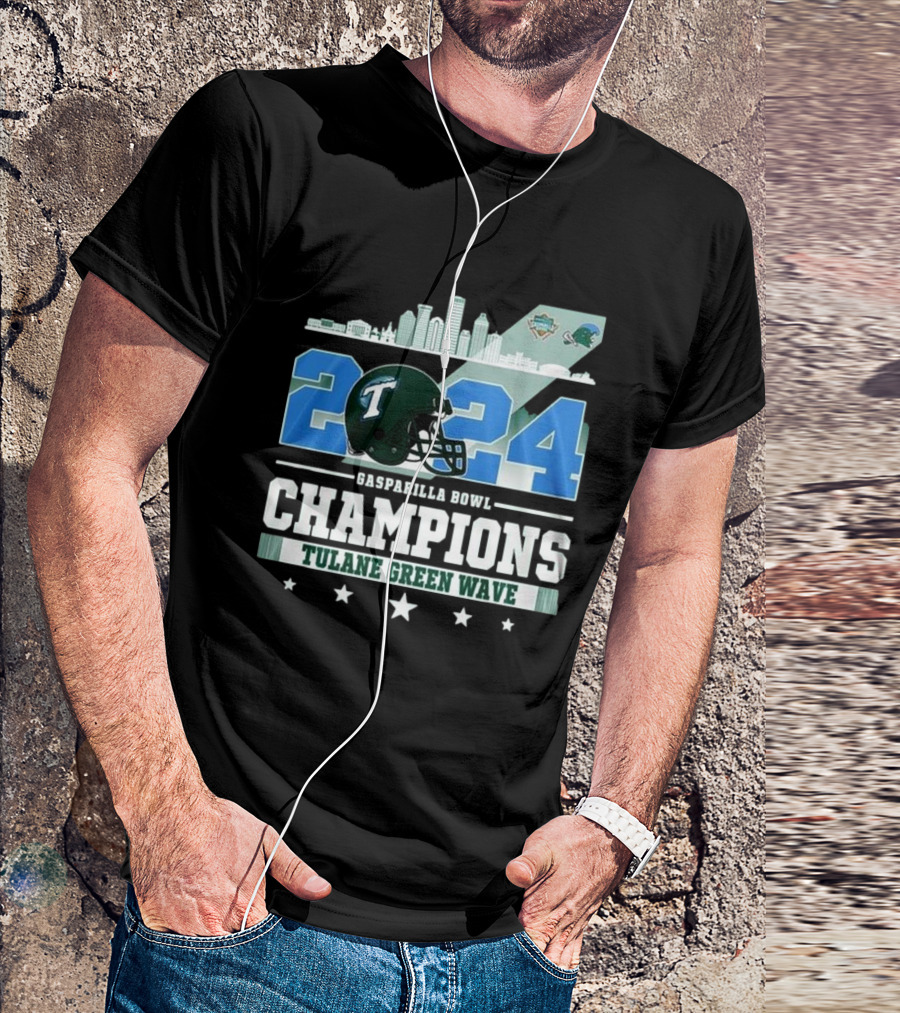 Gasparilla Bowl Champions 2024 Tulane Green Wave Waving Skyline T-Shirt