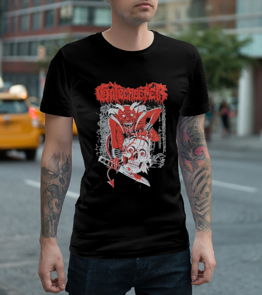 Gatecreeper Skinned Red Demon Skull Knife T-Shirt