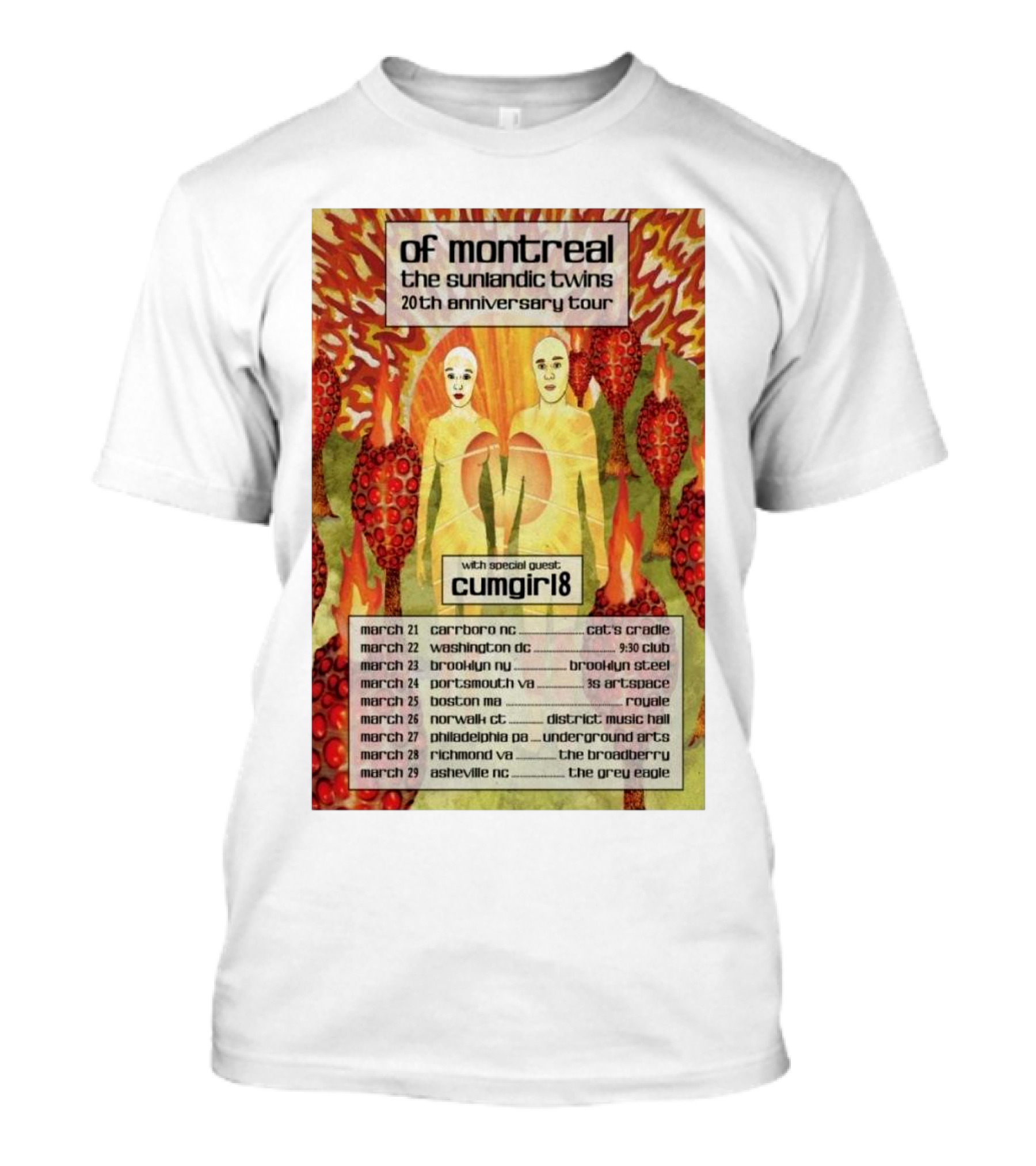 Of Montreal The Sunlandic Twins 20th Anniversary Tour 2025 With Special Guest Cumgirl8 March 21-29 Tour Dates T-Shirt