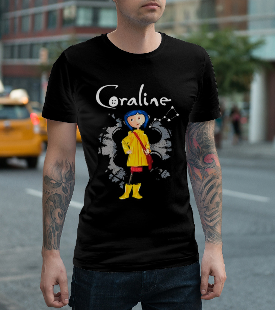 Coraline Character in Yellow Coat with Button Eyes and Star Constellation Background T-Shirt