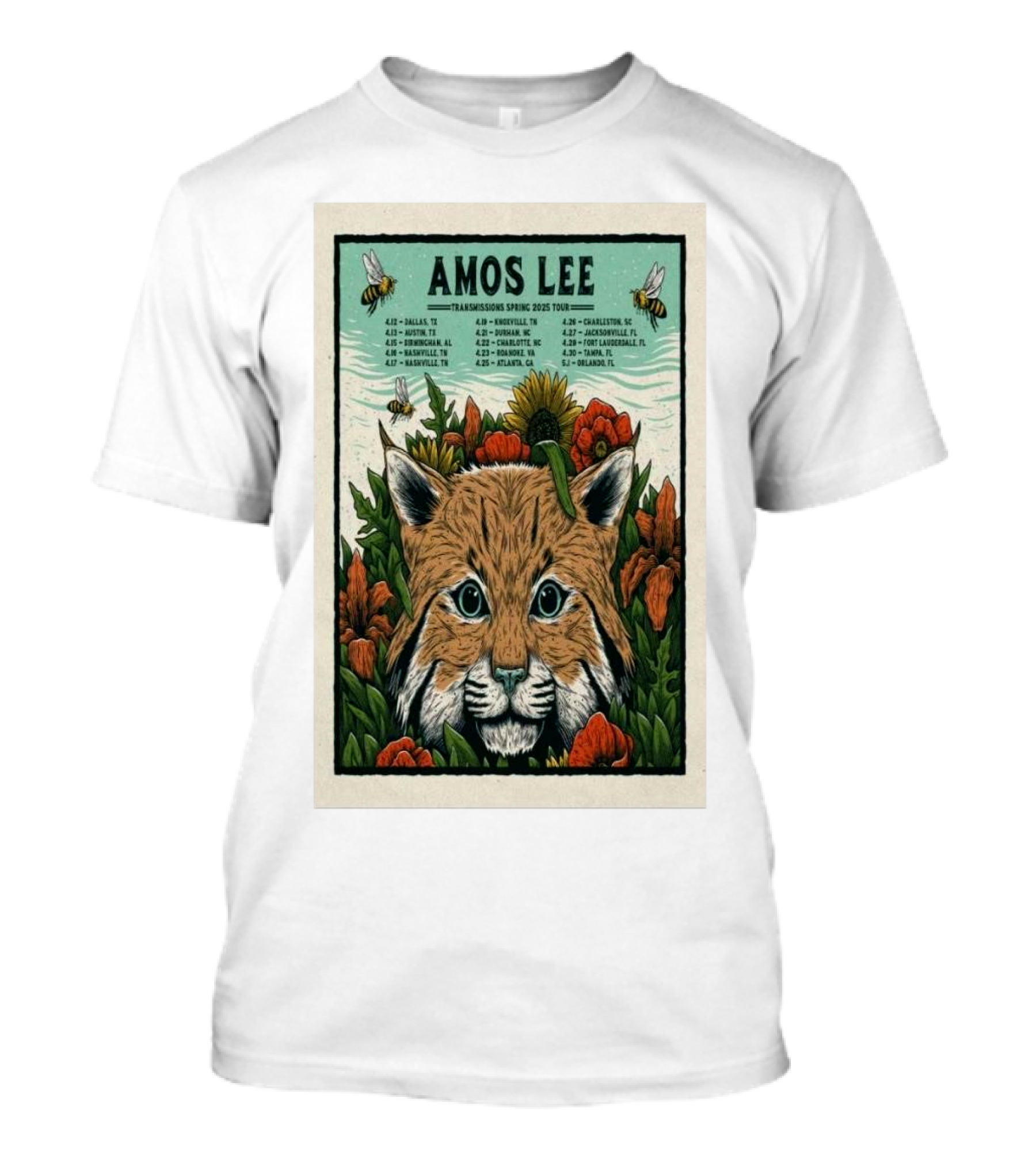 Amos Lee The Transmissions Spring Tour 2025 Bobcat And Flowers Design With Tour Dates T-Shirt
