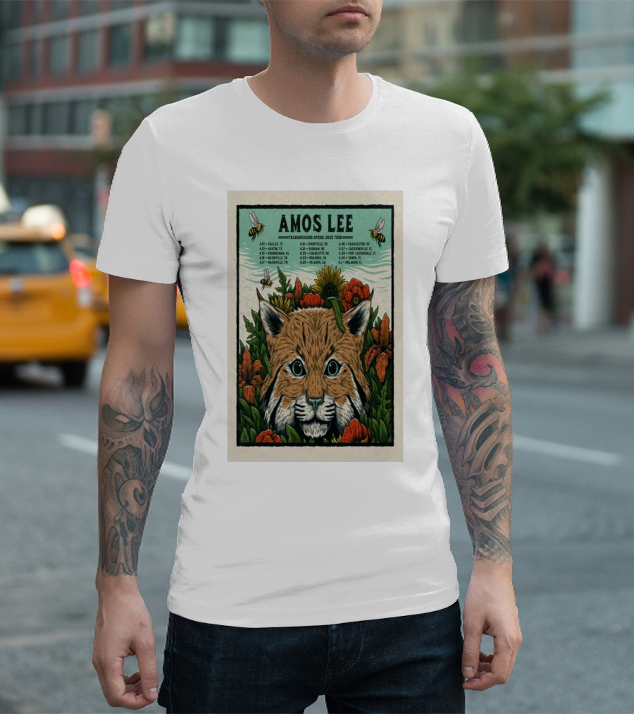 Amos Lee The Transmissions Spring Tour 2025 Bobcat And Flowers Design With Tour Dates T-Shirt