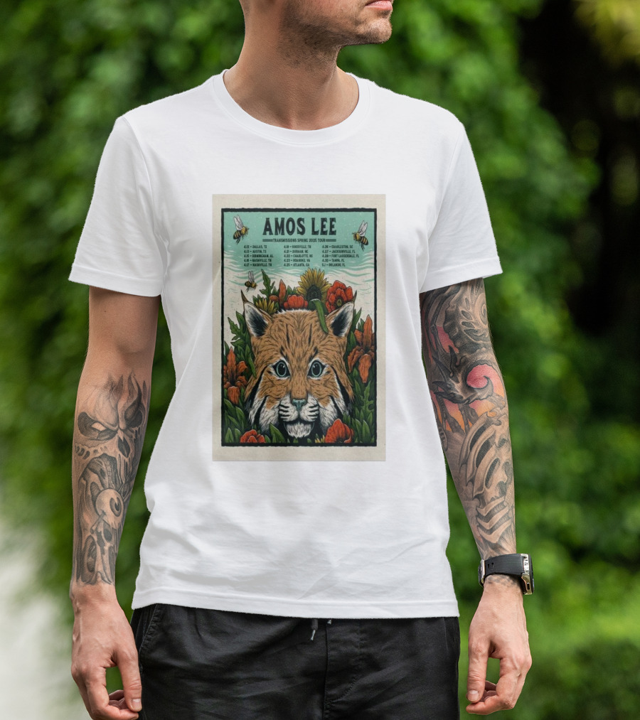 Amos Lee The Transmissions Spring Tour 2025 Bobcat And Flowers Design With Tour Dates T-Shirt