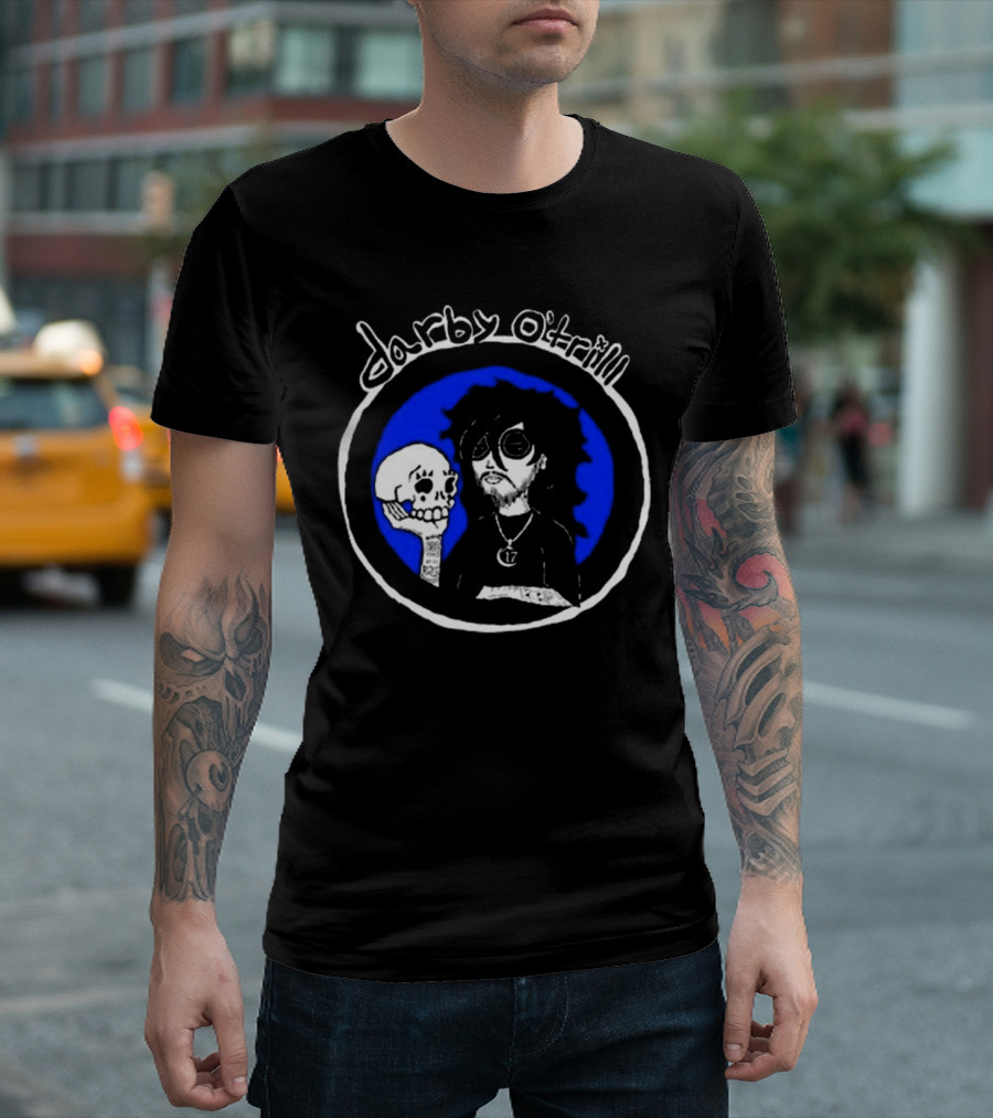 Darby O’trill Skull And Sunglasses Character With Blue Background T-Shirt
