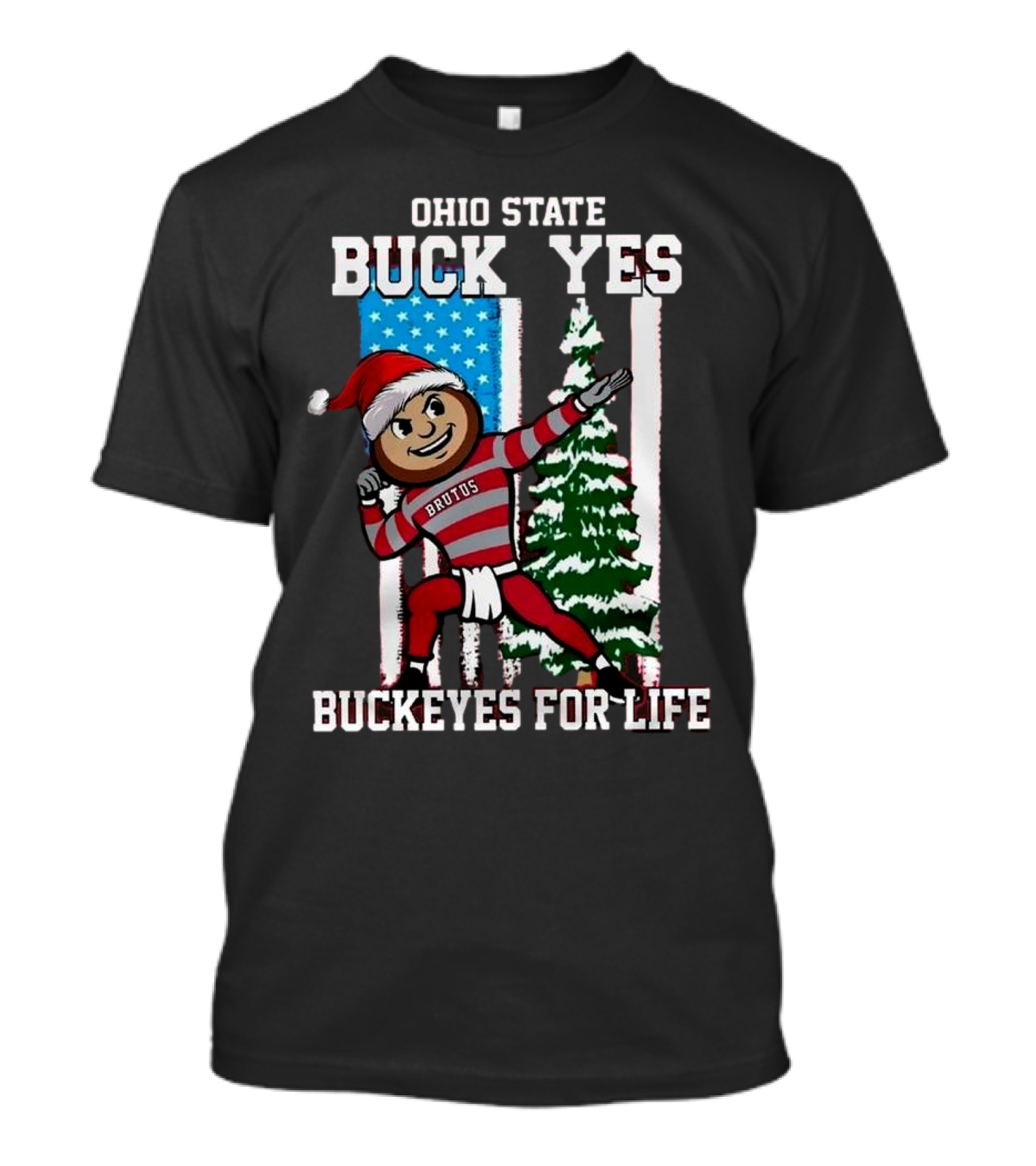 Ohio State Buckeyes Christmas Buckeyes For Life 2024 USA Flag Buck Yes Brutus Mascot T-Shirt