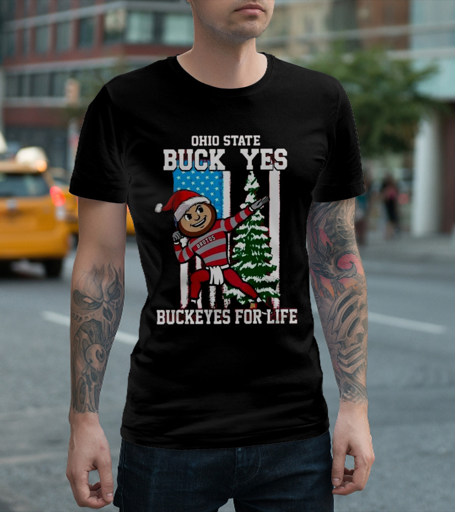 Ohio State Buckeyes Christmas Buckeyes For Life 2024 USA Flag Buck Yes Brutus Mascot T-Shirt