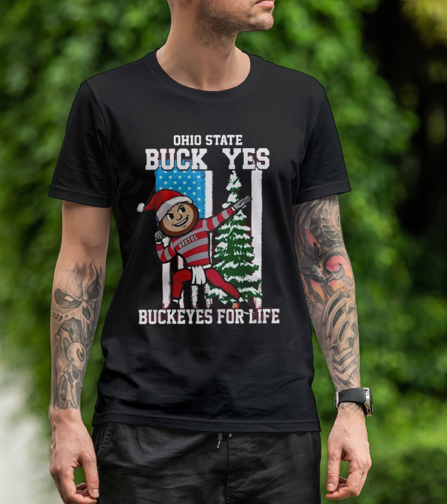 Ohio State Buckeyes Christmas Buckeyes For Life 2024 USA Flag Buck Yes Brutus Mascot T-Shirt