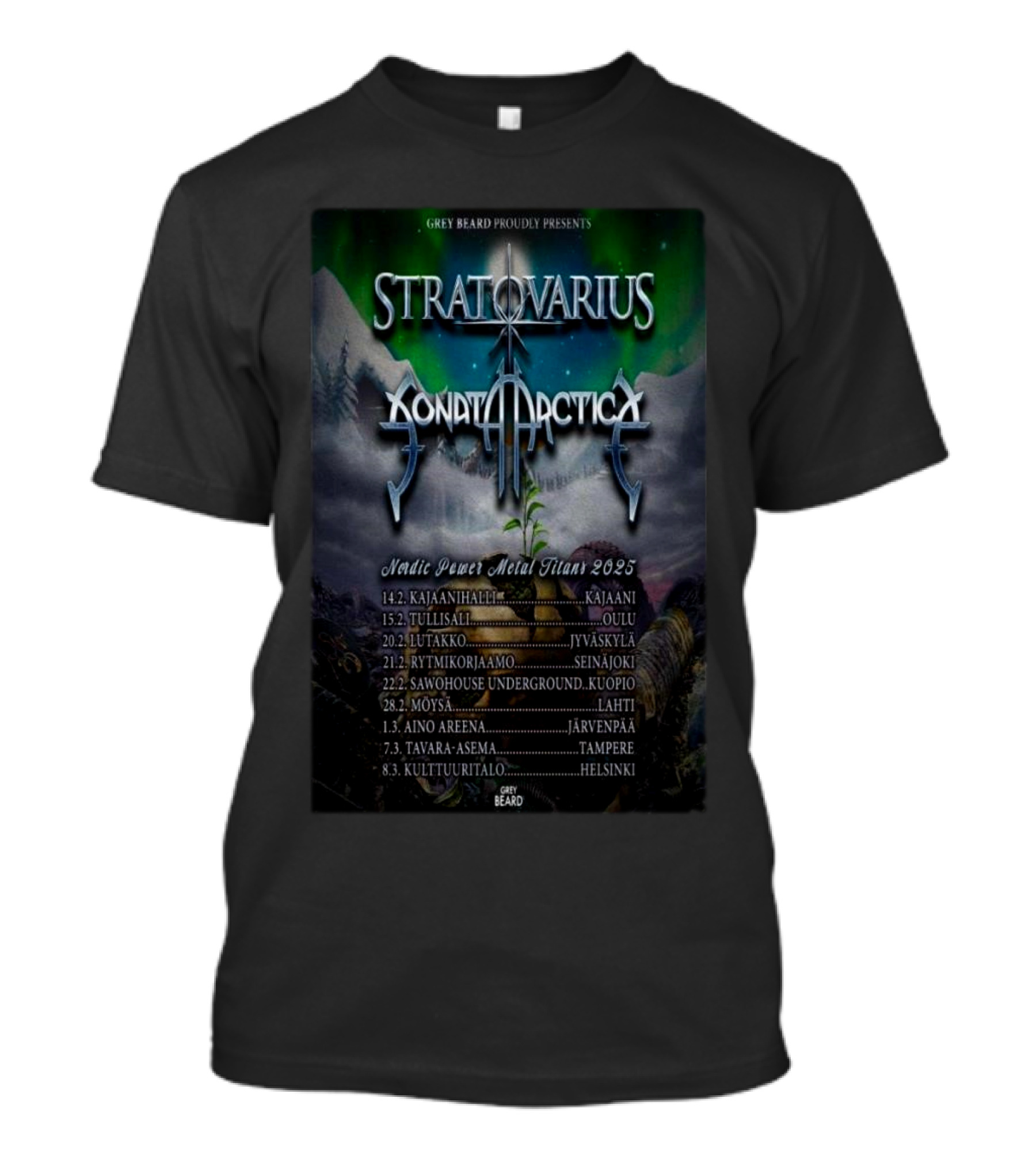 Grey Beard Presents Stratovarius Sonata Arctica Nordic Power Metal Titans 2025 Tour Finland Dates T-Shirt