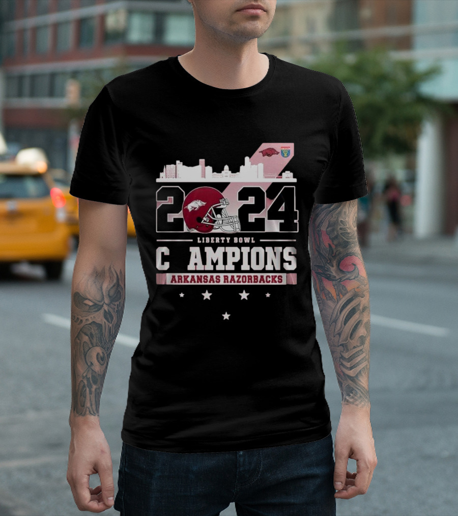 Arkansas Razorbacks Liberty Bowl 2024 Champions Football Skyline T-Shirt