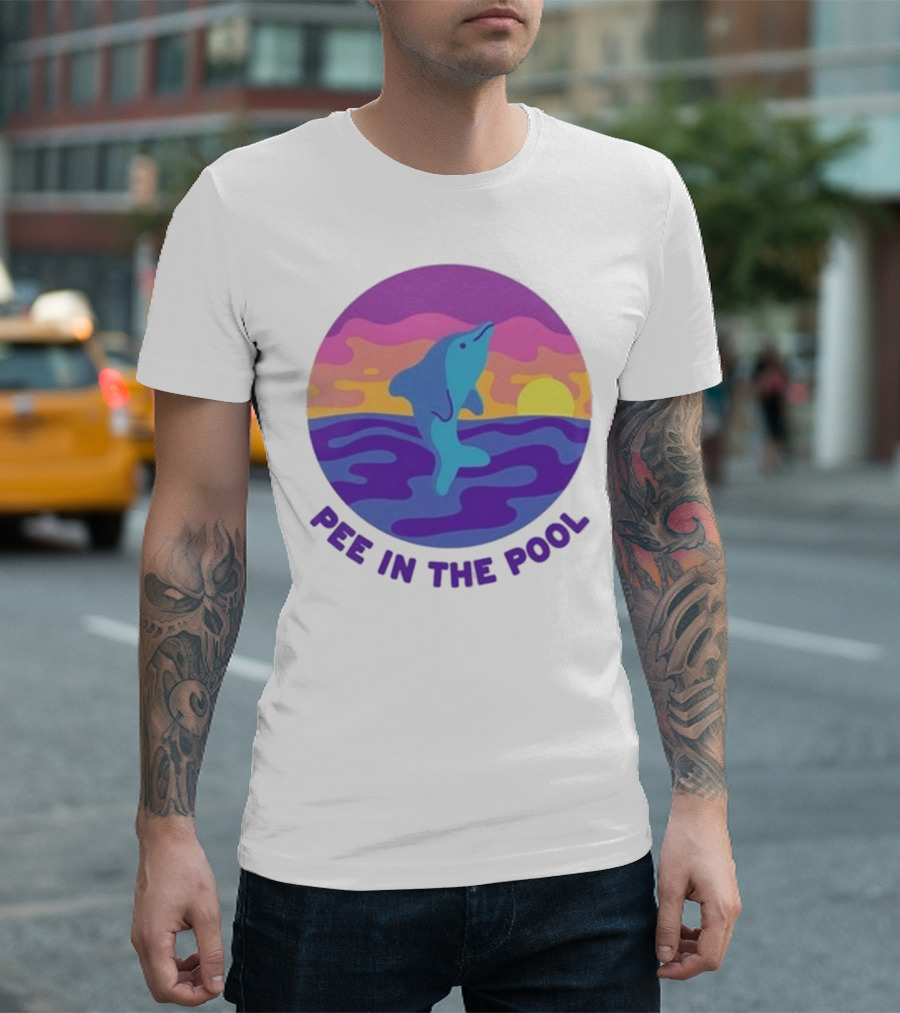 Pee In The Pool Dolphin Retro Sunset Ocean Scene T-Shirt