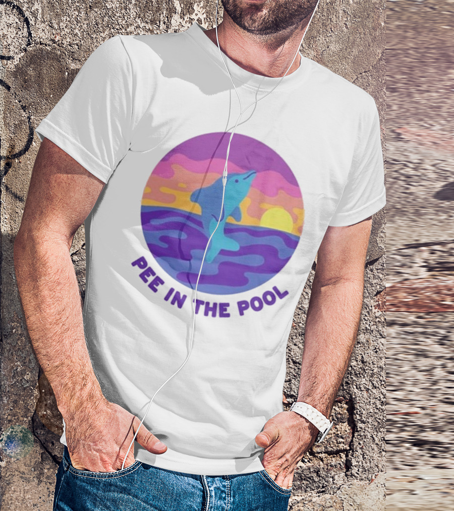 Pee In The Pool Dolphin Retro Sunset Ocean Scene T-Shirt