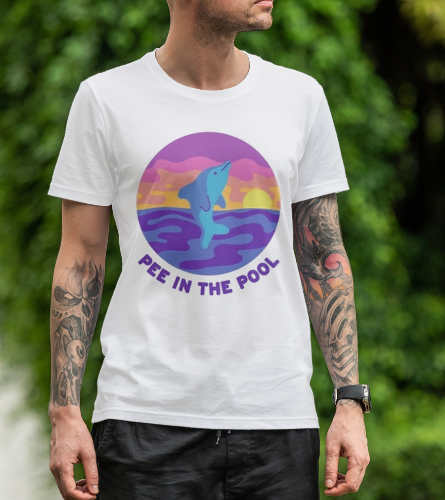 Pee In The Pool Dolphin Retro Sunset Ocean Scene T-Shirt