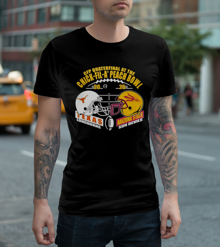 Texas Longhorns Vs Arizona State Sun Devils CFP Quarterfinal Chick-fil-A Peach Bowl 2025 Helmet Matchup T-Shirt
