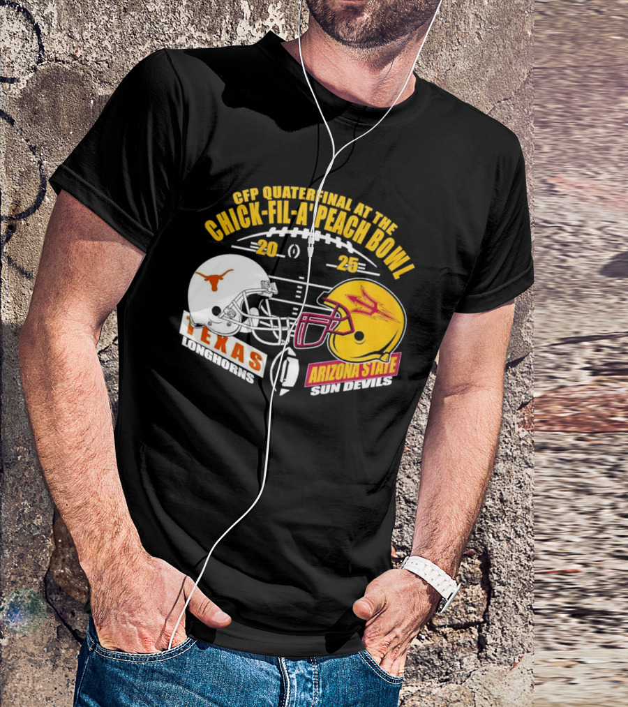 Texas Longhorns Vs Arizona State Sun Devils CFP Quarterfinal Chick-fil-A Peach Bowl 2025 Helmet Matchup T-Shirt