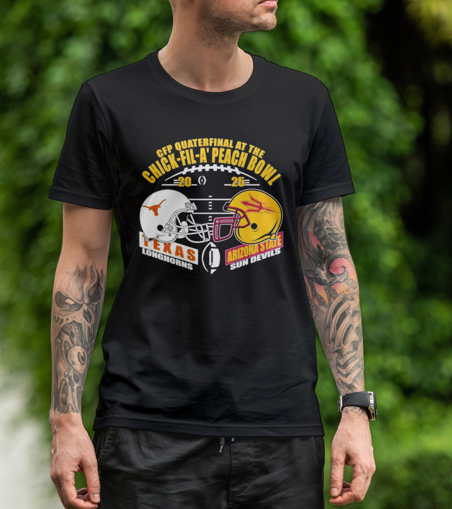 Texas Longhorns Vs Arizona State Sun Devils CFP Quarterfinal Chick-fil-A Peach Bowl 2025 Helmet Matchup T-Shirt