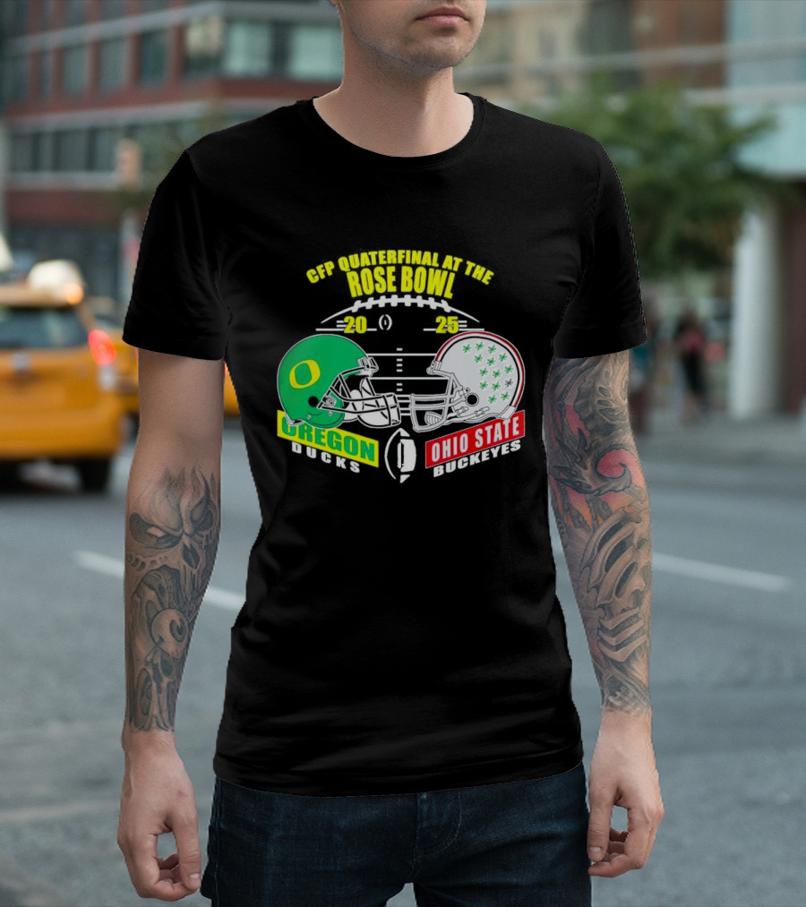 CFP Quarterfinal at the Rose Bowl 2025 Oregon Ducks vs Ohio State Buckeyes Helmet Matchup T-Shirt