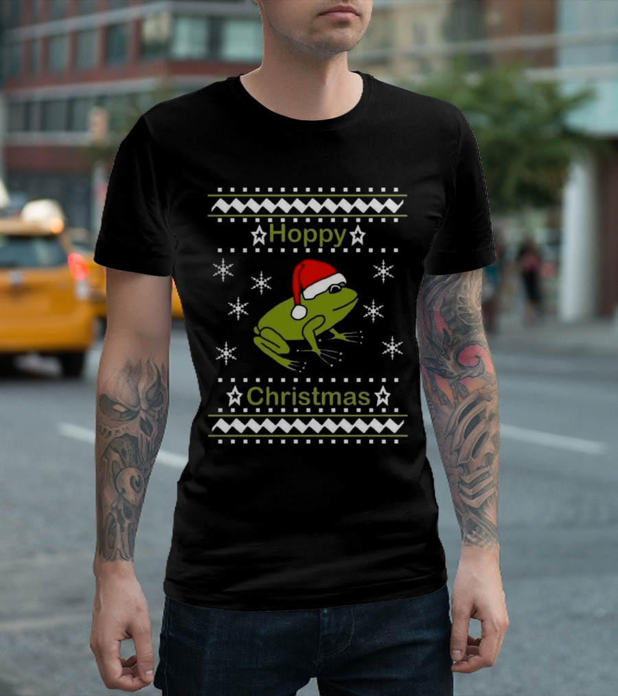 Hoppy Christmas Frog Wearing Santa Hat Surrounded by Snowflakes T-Shirt