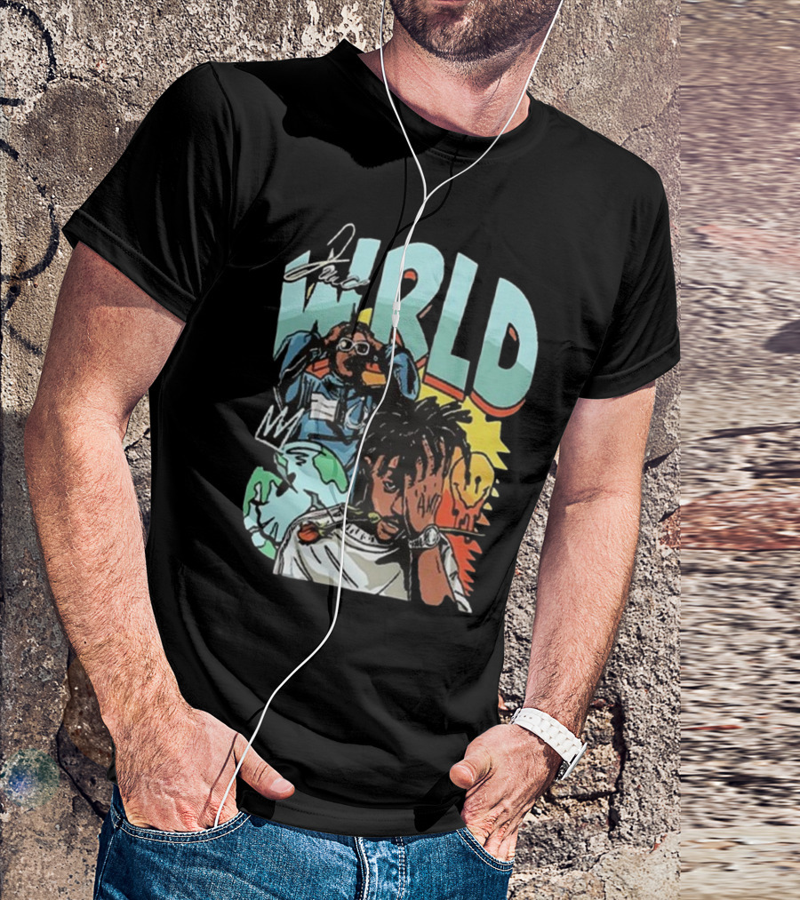 Juice WRLD Rapper Signature And Cartoon Globe With Crown T-Shirt