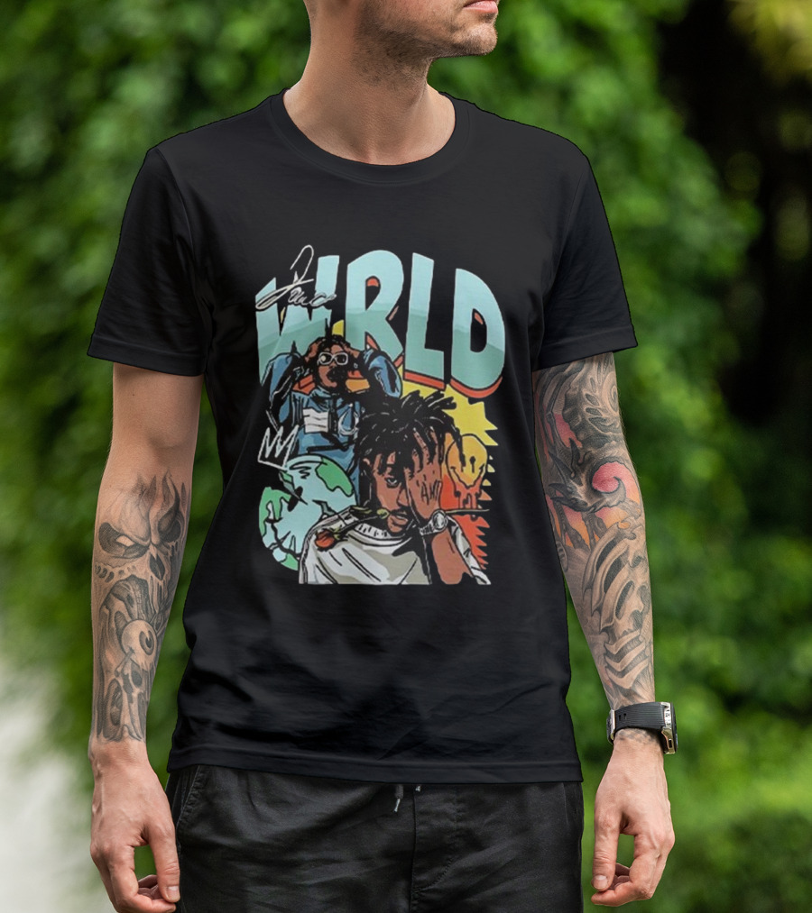 Juice WRLD Rapper Signature And Cartoon Globe With Crown T-Shirt