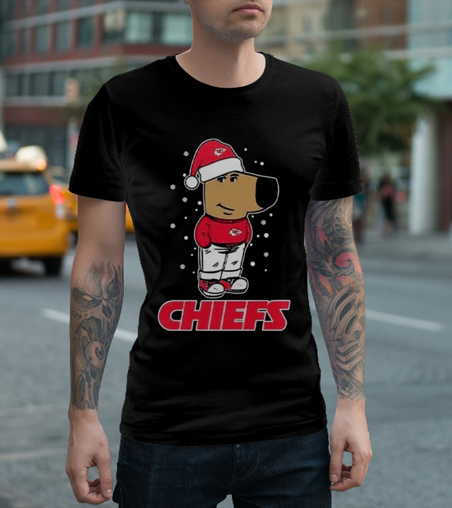 Chill Guy in Santa Hat with Chiefs Christmas Spirit T-Shirt
