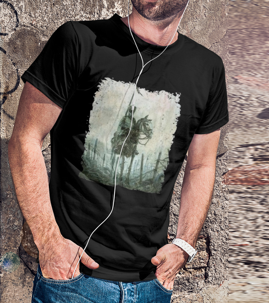 Kanonenfieber Fritz 4 2024 New Gothic Warrior On Horseback In Misty Forest Scene T-Shirt