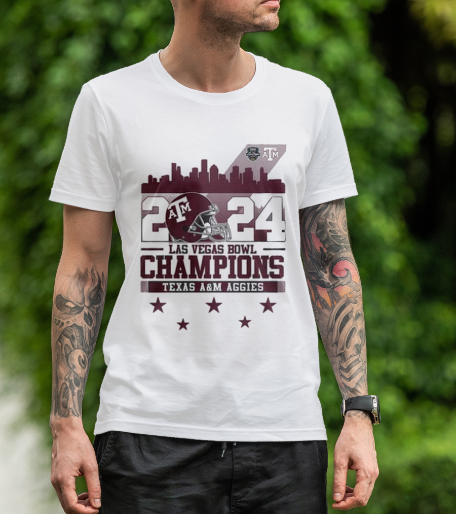 Texas A&M Aggies 2024 Las Vegas Bowl Champions Skyline Football T-Shirt