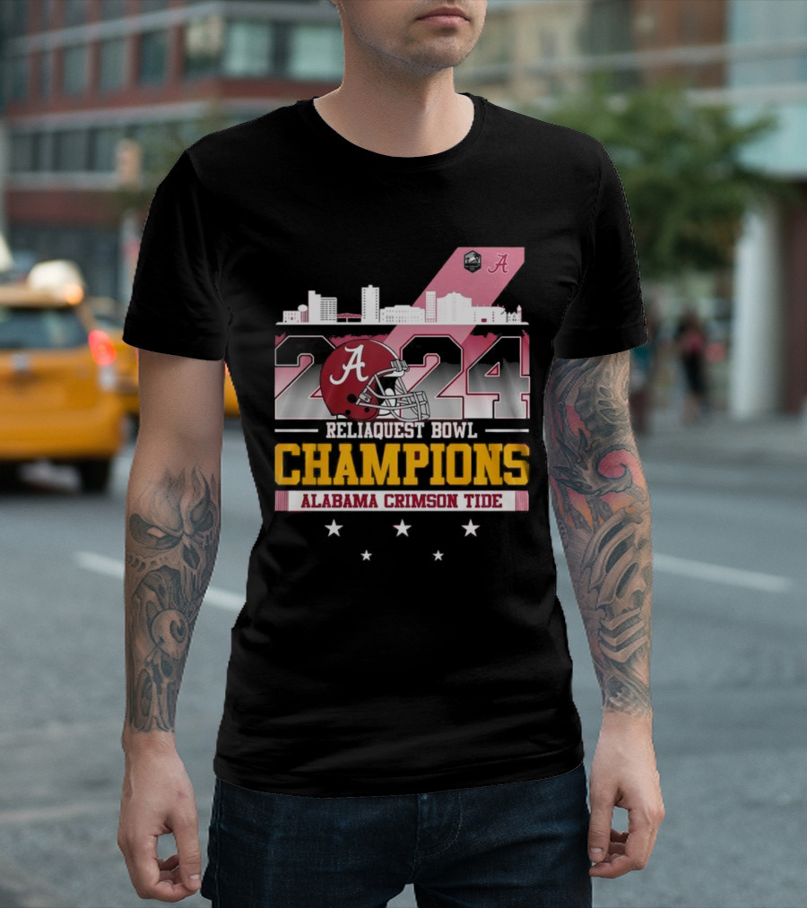 Reliaquest Bowl Champions 2024 Alabama Crimson Tide Skyline Helmet T-Shirt