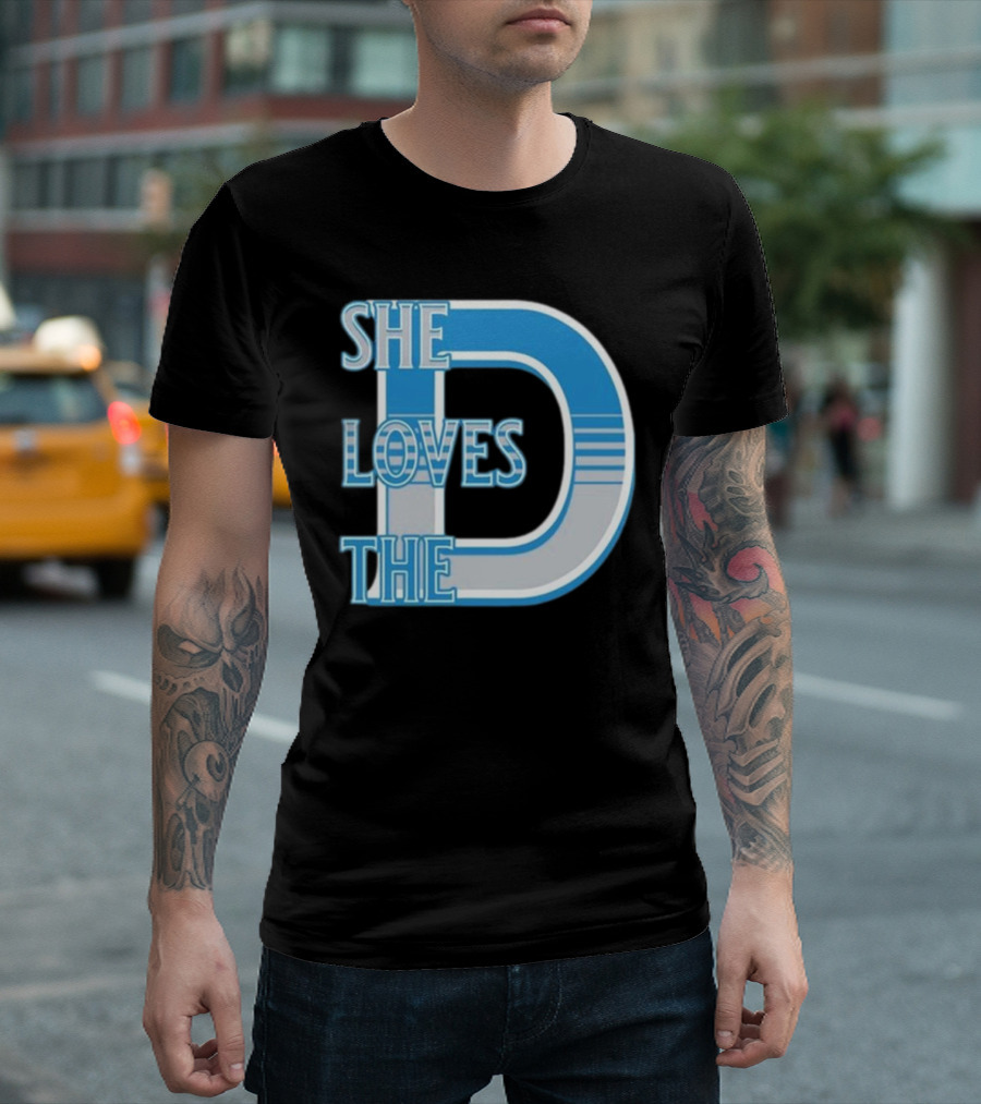 She Loves The D Detroit Blue Striped Lettering T-Shirt