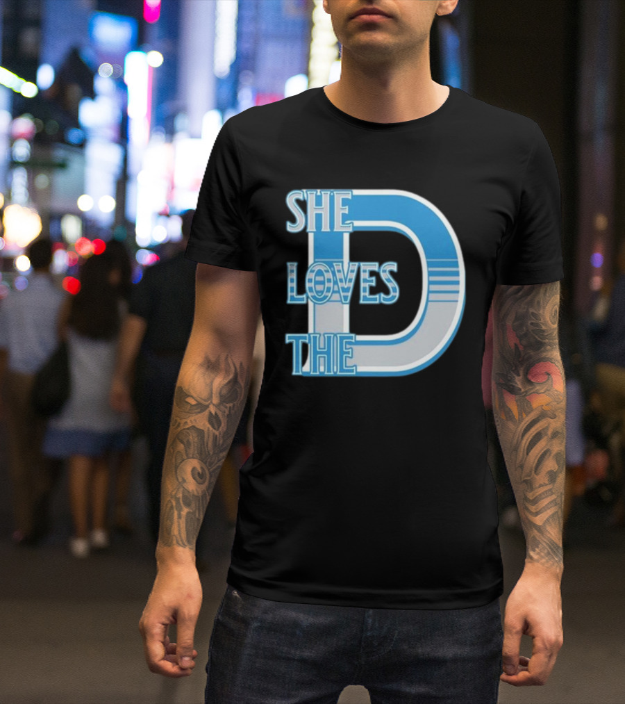 She Loves The D Detroit Blue Striped Lettering T-Shirt