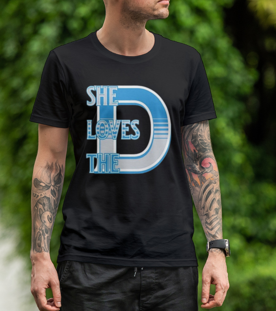 She Loves The D Detroit Blue Striped Lettering T-Shirt