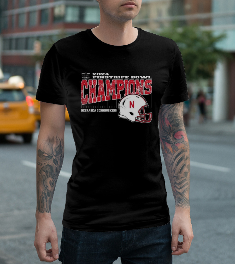 Nebraska Cornhuskers 2024 Pinstripe Bowl Champions Helmet T-Shirt