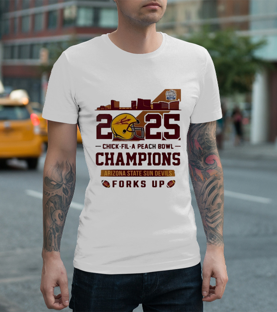2025 Chick-fil-A Peach Bowl Champions Arizona State Sun Devils Forks Up Skyline T-Shirt