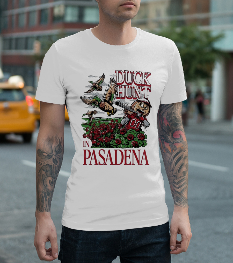 Duck Hunt Football Adventure Amidst Roses in Pasadena T-Shirt