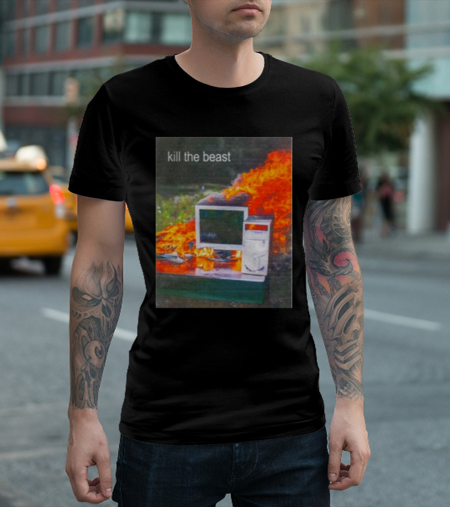 Kill The Beast Flaming Computer Dogecore Duel Monitors T-Shirt
