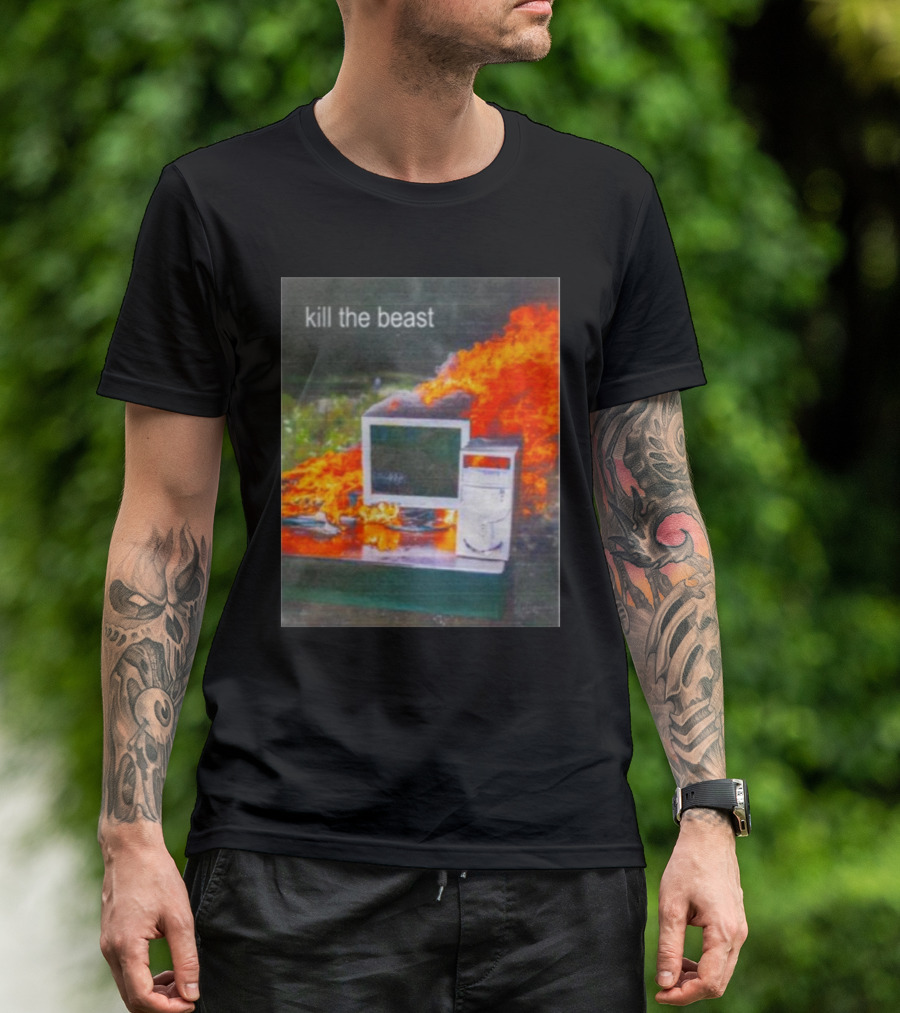 Kill The Beast Flaming Computer Dogecore Duel Monitors T-Shirt