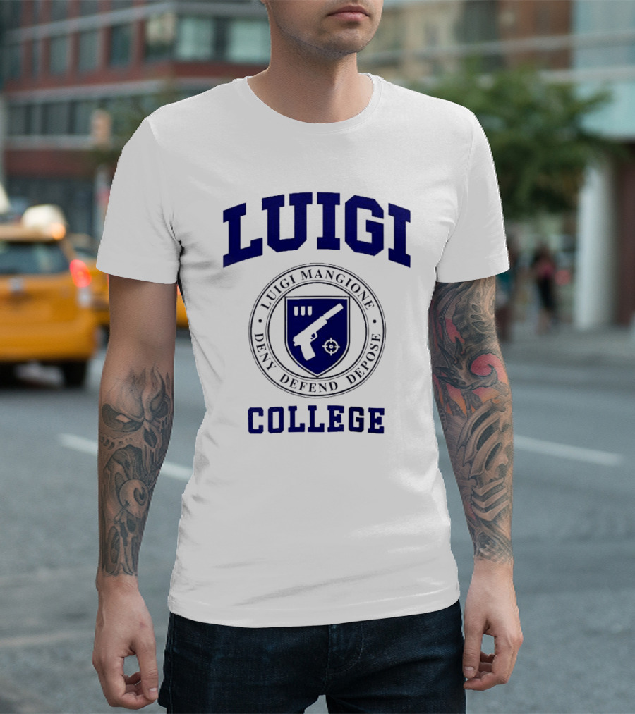 Luigi College Luigi Mangione Deny Defend Depose Badge Emblem T-Shirt