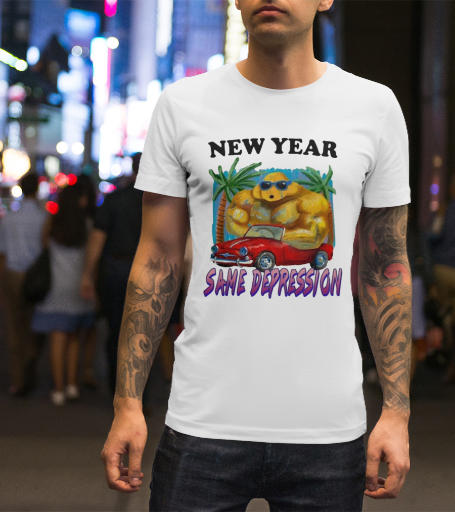 New Year Same Depression Buff Duck Red Convertible Palm Trees T-Shirt