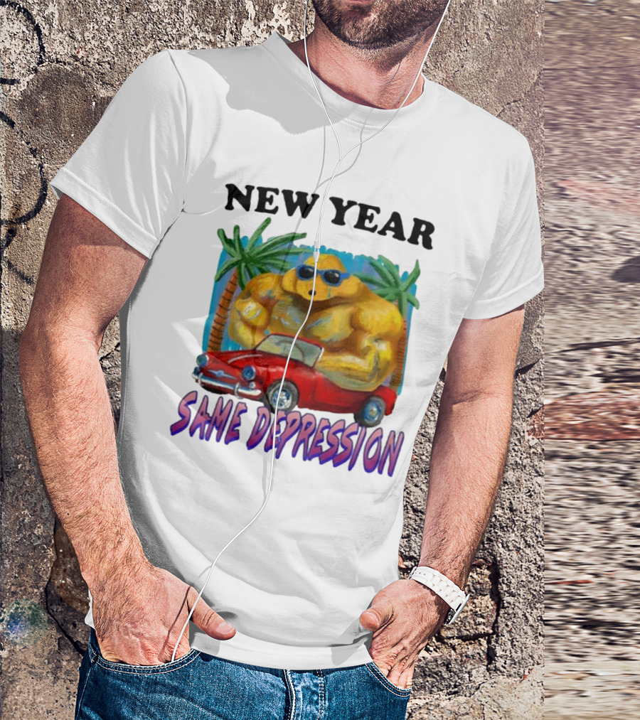 New Year Same Depression Buff Duck Red Convertible Palm Trees T-Shirt