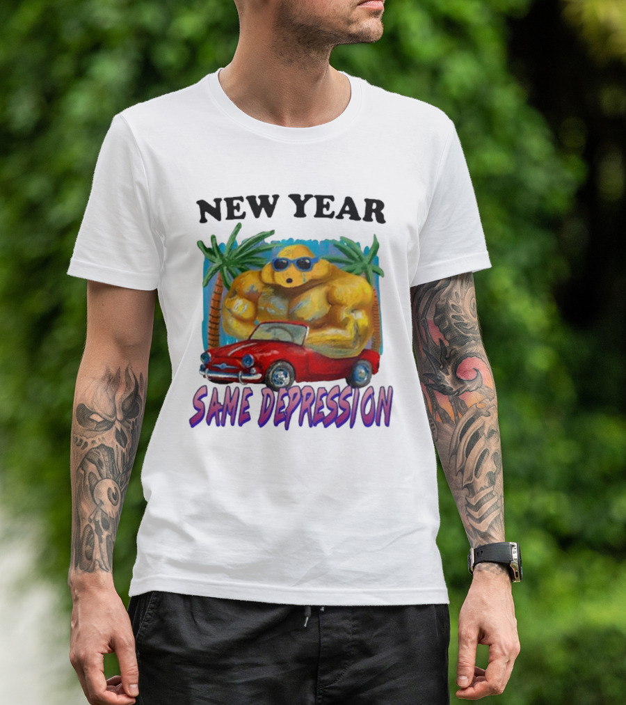 New Year Same Depression Buff Duck Red Convertible Palm Trees T-Shirt