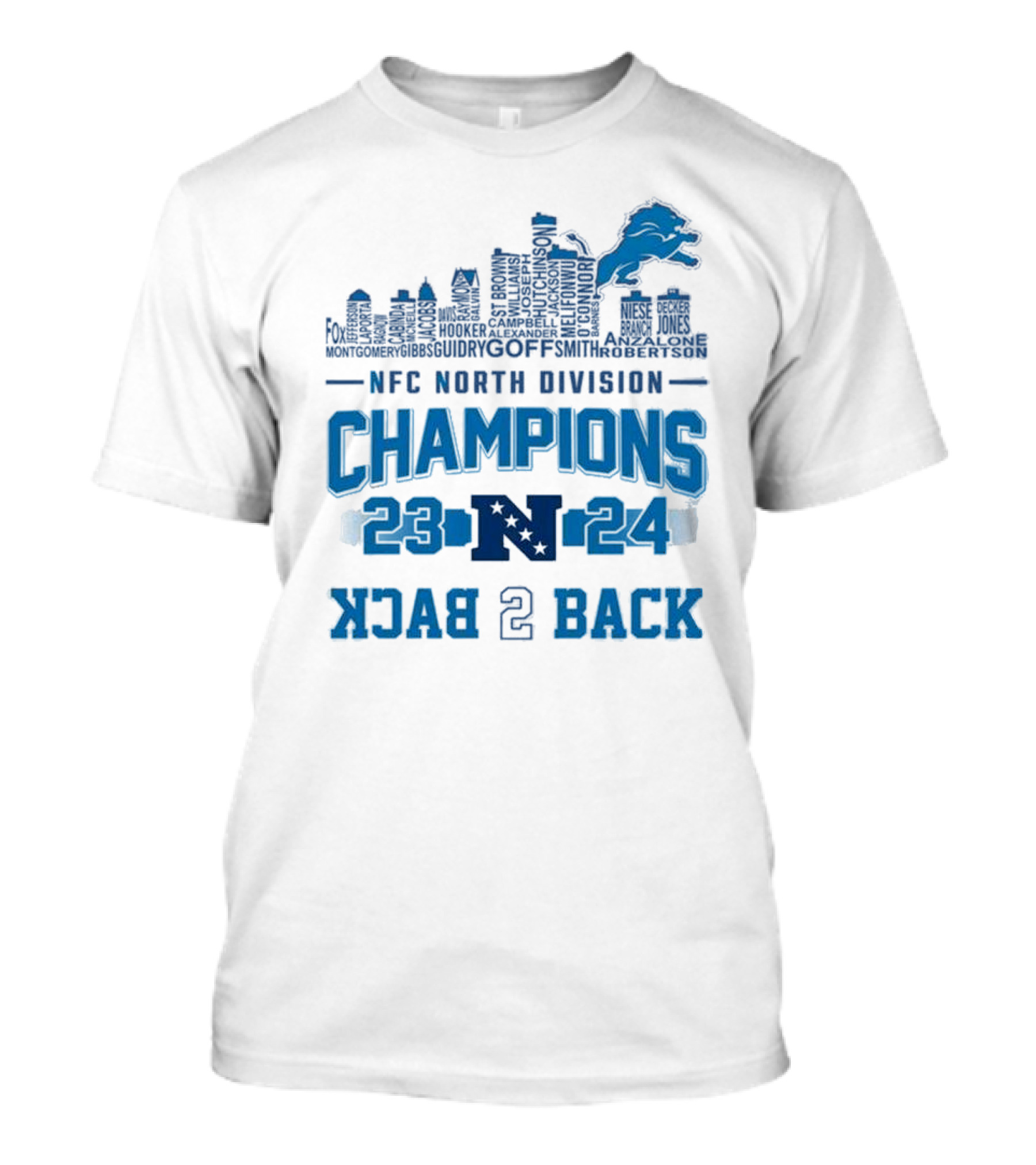 NFC North Division Champions 23-24 Back 2 Back Detroit Lions Skyline Names T-Shirt